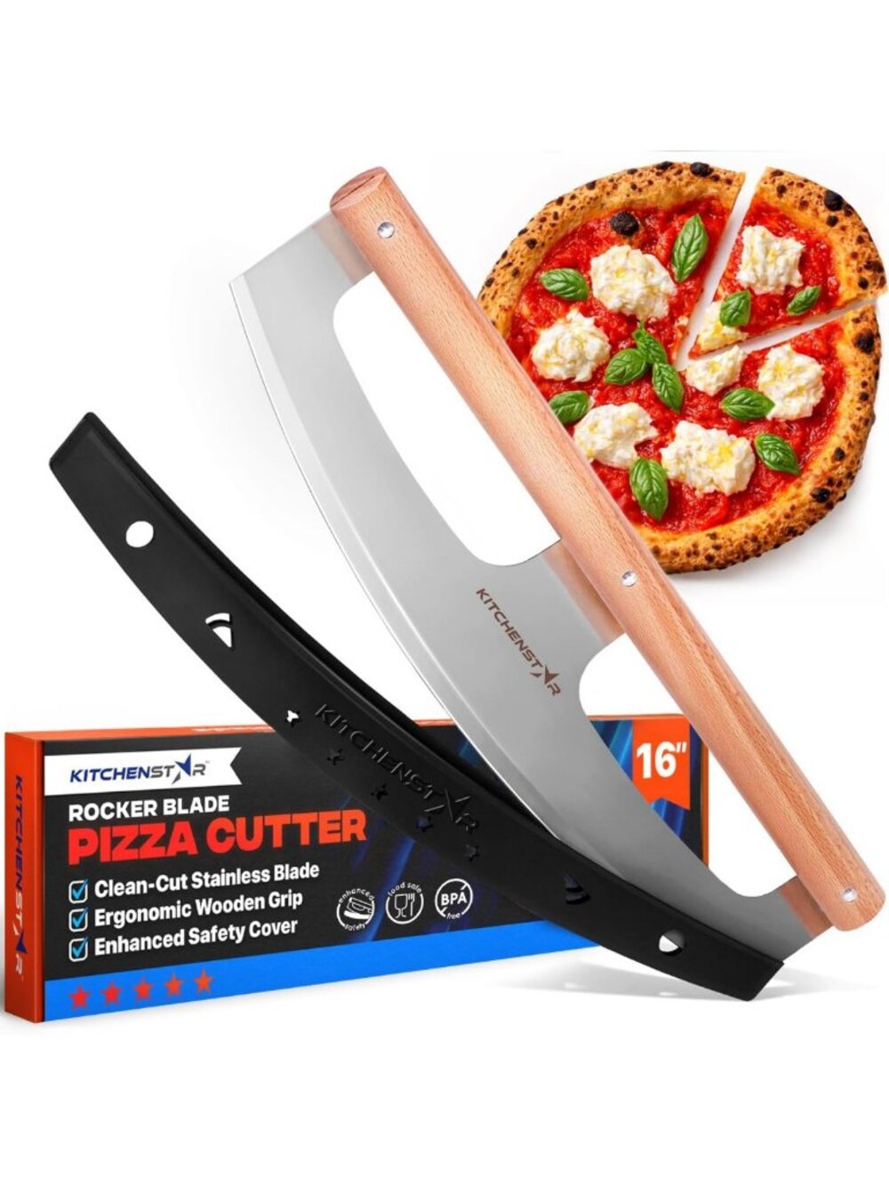 16-Inch Razor Sharp Pizza Cutter with Beech Wood Handle & Protective Cover